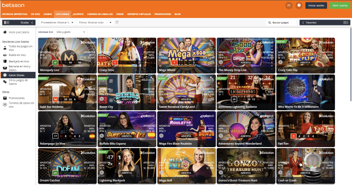 Betsson selección de juegos de game show